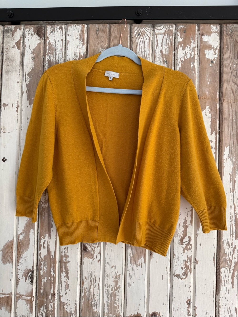 Qualfort Mustard Open-Front Knit Cardigan Sweater, Cropped Length, Large